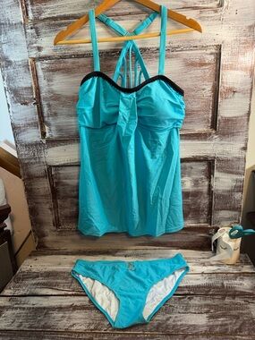 Turquoise Tankini Set with Black Trim